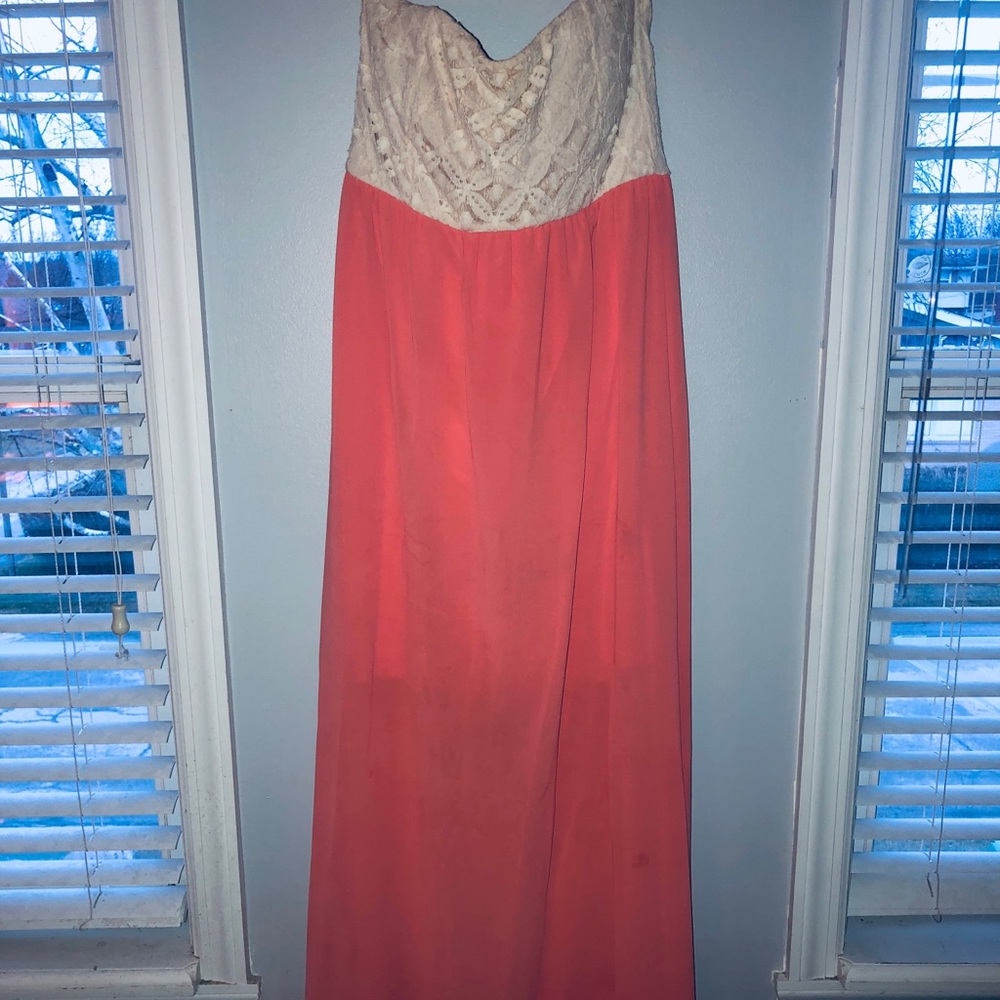 Coral and lace maxi dress